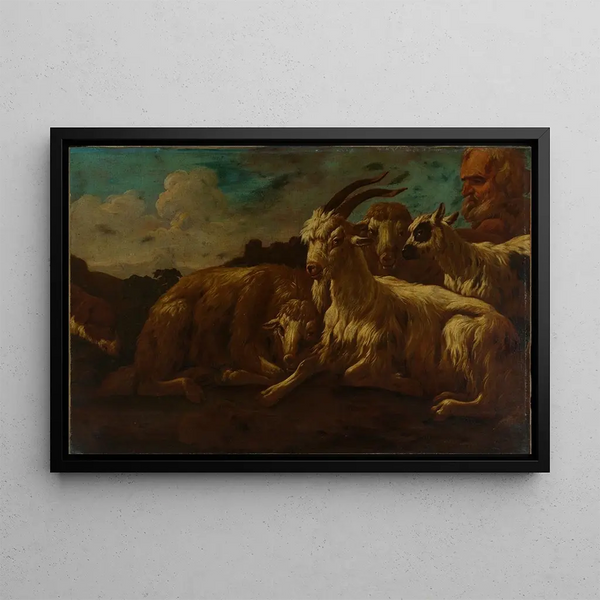 a group of goats and sheep with a shepherd - Philipp Peter Roos — framed artwork on a wall