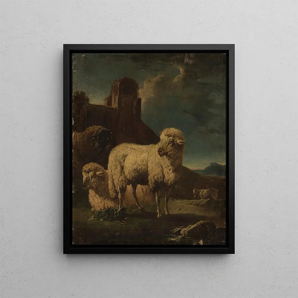 Rams with Ruins in the Background - Philipp Peter Roos — framed artwork on a wall