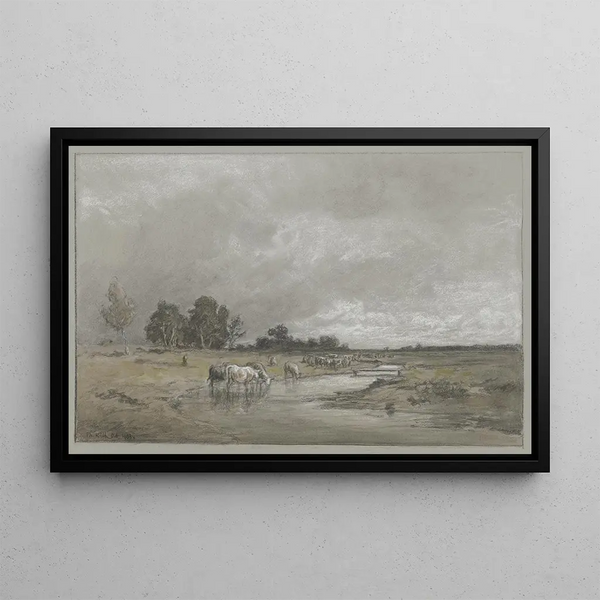 Landscape of meadow with herd drinking - Philipp Röth — framed artwork on a wall