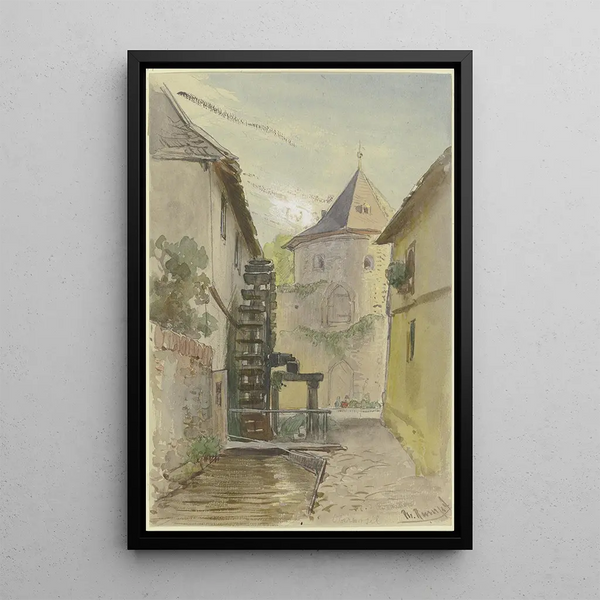 Alley with the back of a mill - Philipp Rumpf — framed artwork on a wall