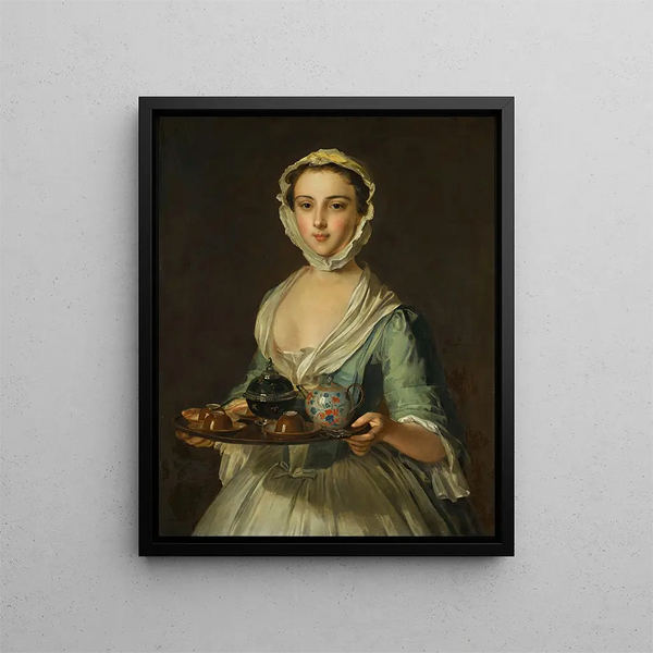 A young woman carrying a tea tray, perhaps Hannah the artist's maid - Philippe Mercier — framed artwork on a wall