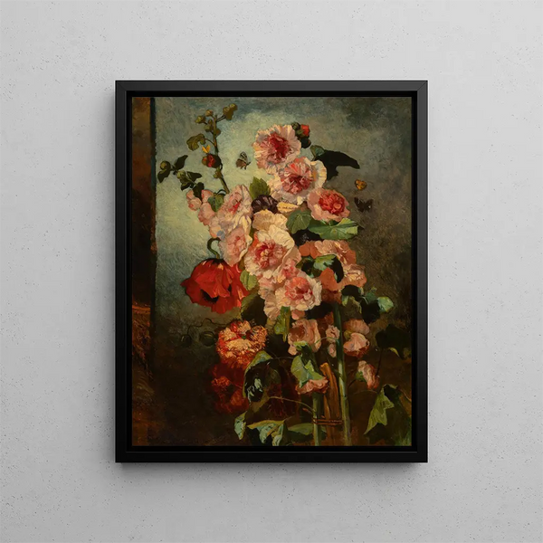 Still life with hollyhocks and poppies - Philippe Rousseau — framed artwork on a wall