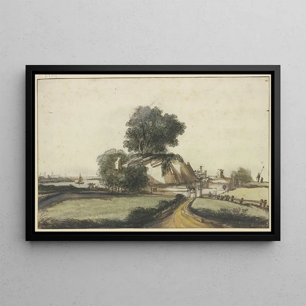 Maison paysanne sous des arbres au bord d'un fleuve - Philips Koninck — framed artwork on a wall