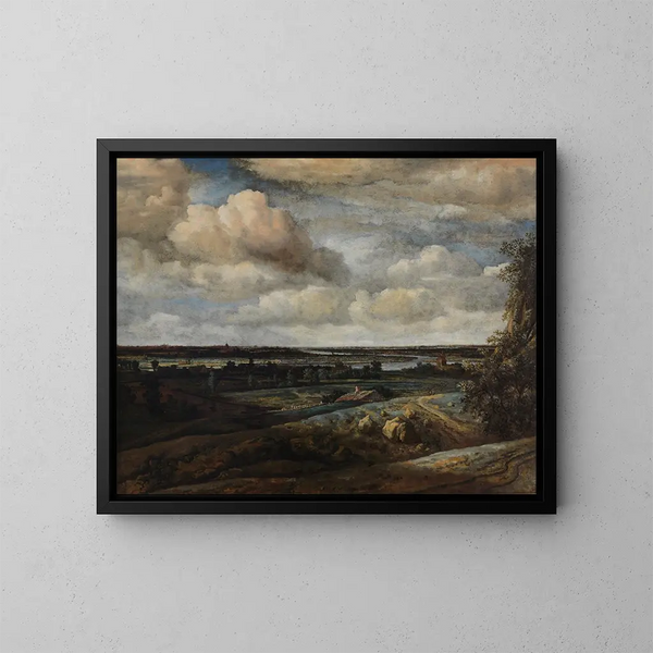 Dutch Panorama Painting with Distant View of Haarlem - Philips Koninck — framed artwork on a wall