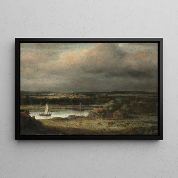 Large river landscape painting - Philips Koninck — framed artwork on a wall