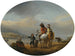 a lady and a gentleman on horseback shown approaching a ferry by a young page - Philips Wouwerman — artwork view