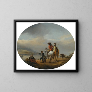 a lady and a gentleman on horseback shown approaching a ferry by a young page - Philips Wouwerman — framed artwork on a wall