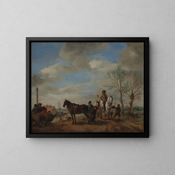 A man and a woman on horseback - Philips Wouwerman — framed artwork on a wall