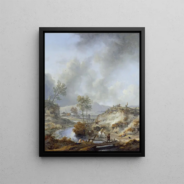 A stream in a hilly country - Philips Wouwerman — framed artwork on a wall