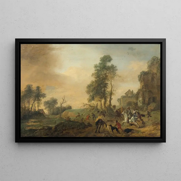 A stag hunt - Philips Wouwerman — framed artwork on a wall