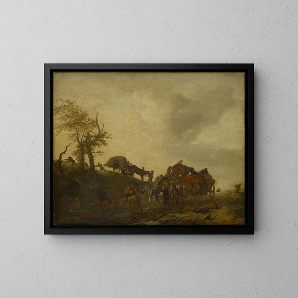 A raid on travelers - Philips Wouwerman — framed artwork on a wall