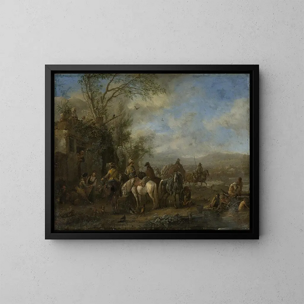 Armed Cavaliers in front of an Inn - Philips Wouwerman — framed artwork on a wall