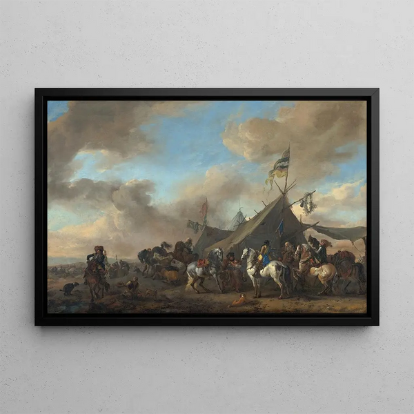 Military Camp Painting - Philips Wouwerman — framed artwork on a wall