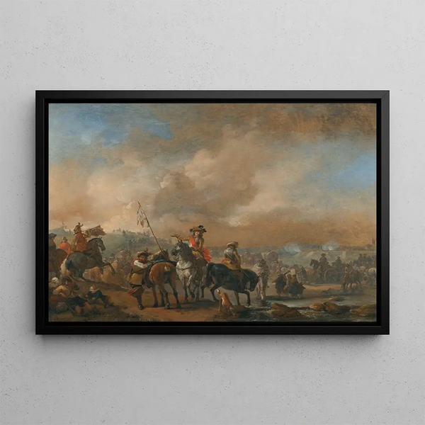 Cavalry in motion of a besieged fortification in the distance - Philips Wouwerman — framed artwork on a wall