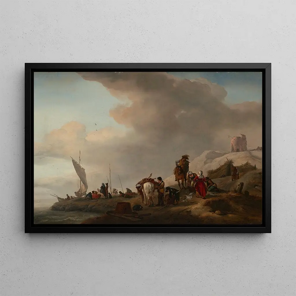Fishermen unloading their catch on the shore - Philips Wouwerman — framed artwork on a wall