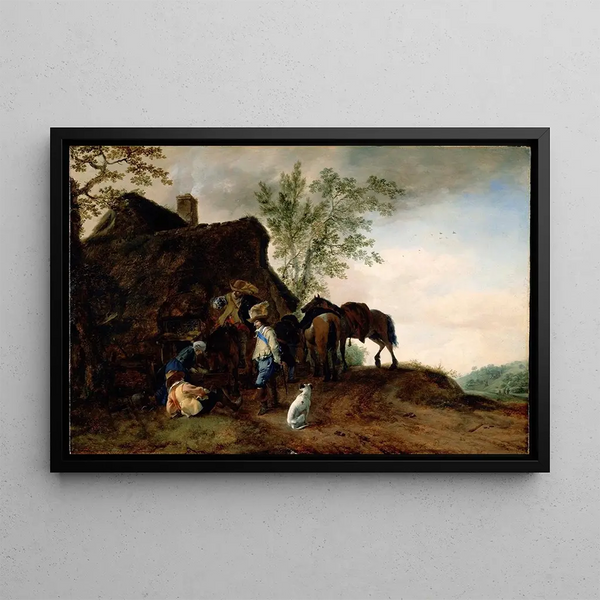 Halt of Horsemen at an Inn - Philips Wouwerman — framed artwork on a wall