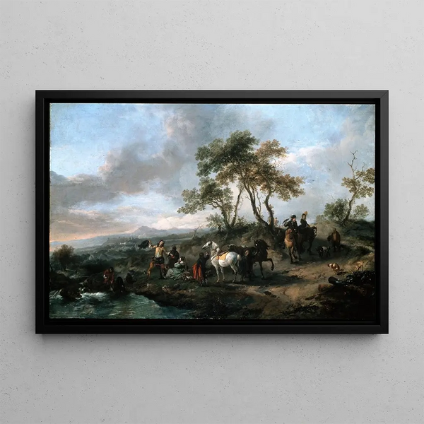 Halt of a Hunting Party - Philips Wouwerman — framed artwork on a wall