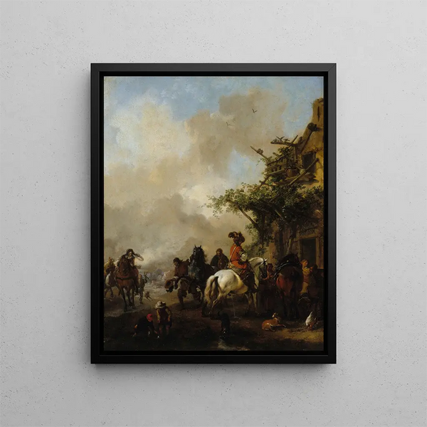 Halt of Horsemen - Philips Wouwerman — framed artwork on a wall