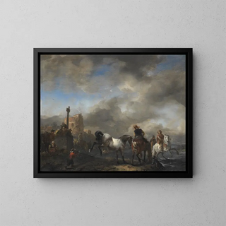 Pond with Horses near a Boundary Stone - Philips Wouwerman — framed artwork on a wall