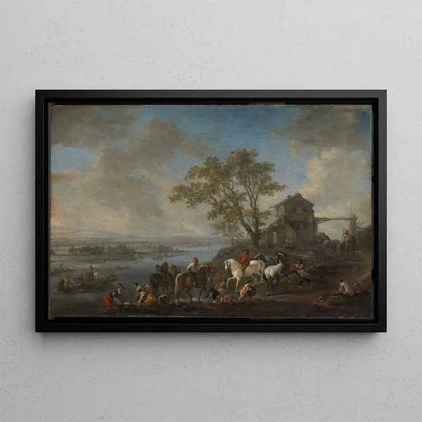 Pond with Horses on a River - Philips Wouwerman — framed artwork on a wall