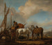 Horses in a Landscape with Figures Loading Bundles onto a Boat - Philips Wouwerman — artwork view