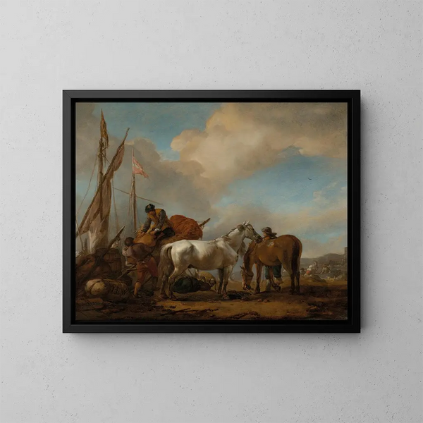 Horses in a Landscape with Figures Loading Bundles onto a Boat - Philips Wouwerman — framed artwork on a wall