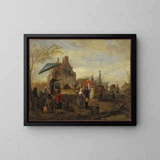 jugglers at the market - Philips Wouwerman — framed artwork on a wall