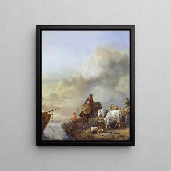 Landing a boat - Philips Wouwerman — framed artwork on a wall