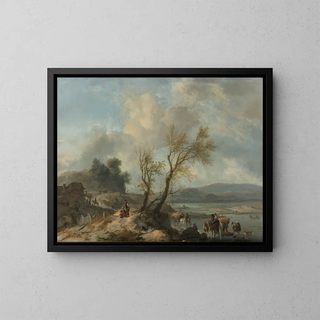 Landscape painting with a sandy path by a river - Philips Wouwerman — framed artwork on a wall