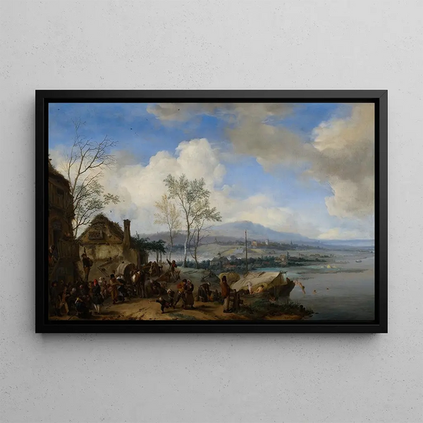 Joyful and rowdy peasant painting in an inn - Philips Wouwerman — framed artwork on a wall