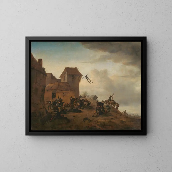 Peasants fighting near a village - Philips Wouwerman — framed artwork on a wall