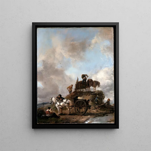 Peasants in the Fields Hay Harvest - Philips Wouwerman — framed artwork on a wall