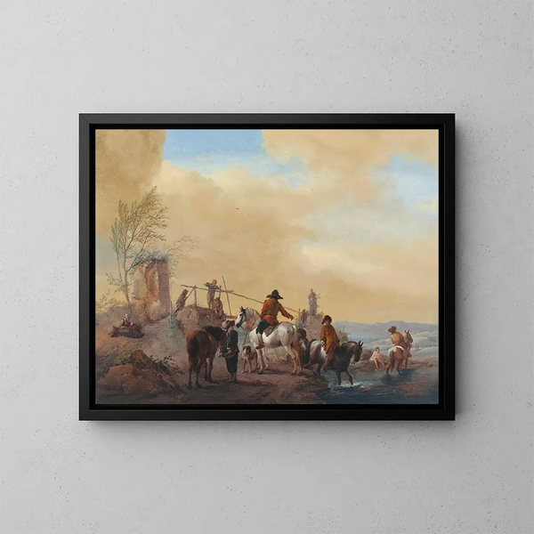 Cavaliers and horses resting near a river - Philips Wouwerman — framed artwork on a wall