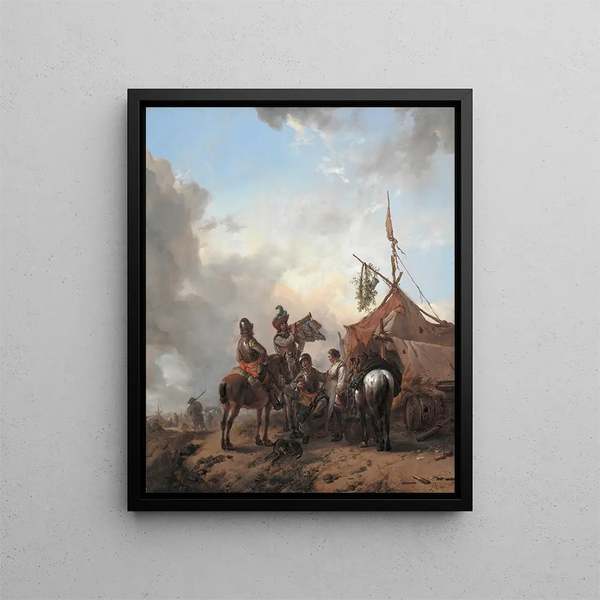 Soldiers celebrating with a maid in front of a tent - Philips Wouwerman — framed artwork on a wall