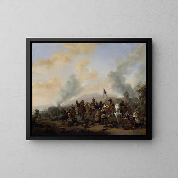 soldiers pillaging a village - Philips Wouwerman — framed artwork on a wall