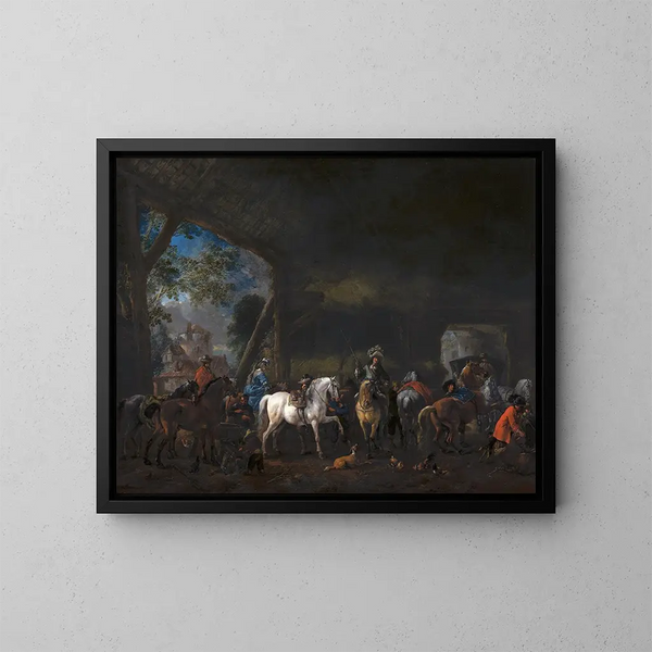 L'Arrivée à l'étable - Philips Wouwerman — framed artwork on a wall