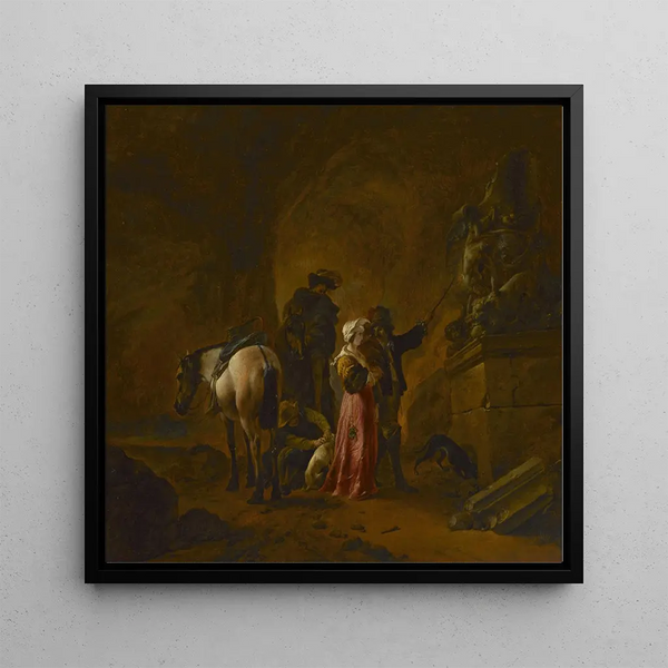 Voyageurs dans une grotte - Philips Wouwerman — framed artwork on a wall