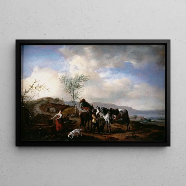 Two horsemen near a fountain - Philips Wouwerman — framed artwork on a wall
