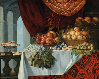 Grenades sur un plat, pêches dans un panier, figues, prunes et raisins sur une table - Pier Francesco Cittadini — artwork view