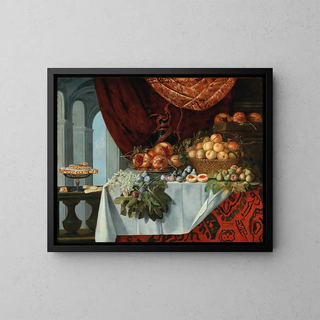 Grenades sur un plat, pêches dans un panier, figues, prunes et raisins sur une table - Pier Francesco Cittadini — framed artwork on a wall