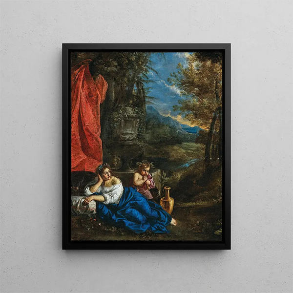Flore et l'enfant Bacchus dans un paysage boisé - Pier Francesco Mola — framed artwork on a wall