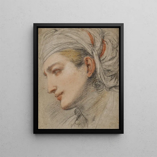 Head of a young woman wearing a veil, profile to the left - Pier Francesco Mola — framed artwork on a wall