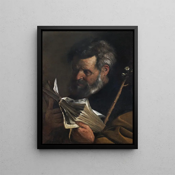 Saint Joseph reading a book and holding a flowering staff - Pier Francesco Mola — framed artwork on a wall