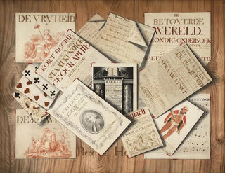 Trompe-l'œil of a Bible frontispiece, sheet music, and playing cards - Piere De Hoop — artwork view
