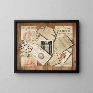 Trompe-l'œil of a Bible frontispiece, sheet music, and playing cards - Piere De Hoop — framed artwork on a wall