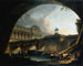 Caprice architectural of a palace inspired by the Louvre and the Pont Neuf framing within the arch of a bridge - Pierre-Antoine Demachy — artwork view
