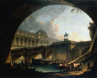 Caprice architectural of a palace inspired by the Louvre and the Pont Neuf framing within the arch of a bridge - Pierre-Antoine Demachy — artwork view