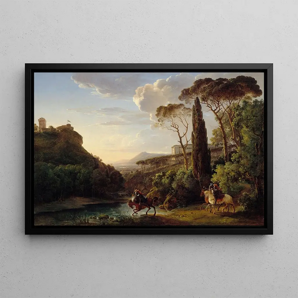 Italian Landscape Painting with Three Knights - Pierre-Athanase Chauvin — framed artwork on a wall