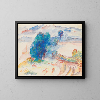 Trees by the water's edge and sailboat - Pierre-Auguste Renoir — framed artwork on a wall