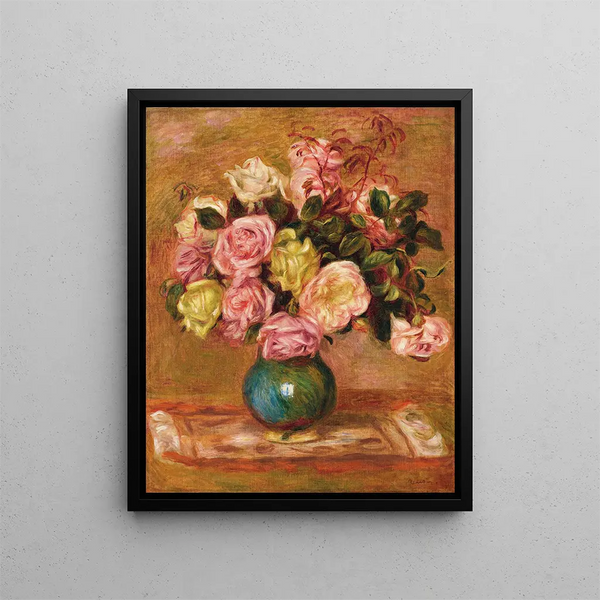 Bouquet de roses dans un vase - Pierre-Auguste Renoir — framed artwork on a wall